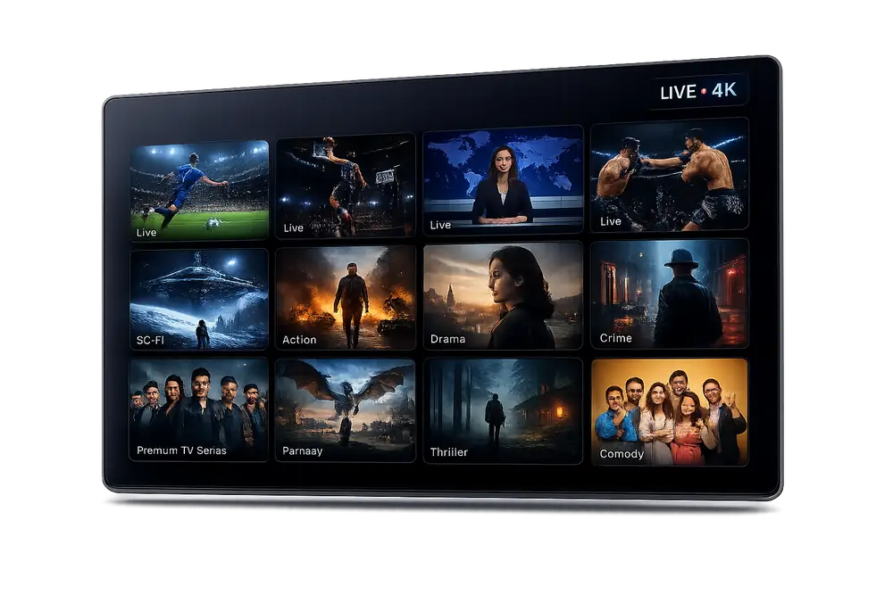 Watch live TV, sports, and movies in 4K with Turbotv iptv Turbotv iptv IPTV interface showing live sports, news, and 4K movie channels on a Smart TV